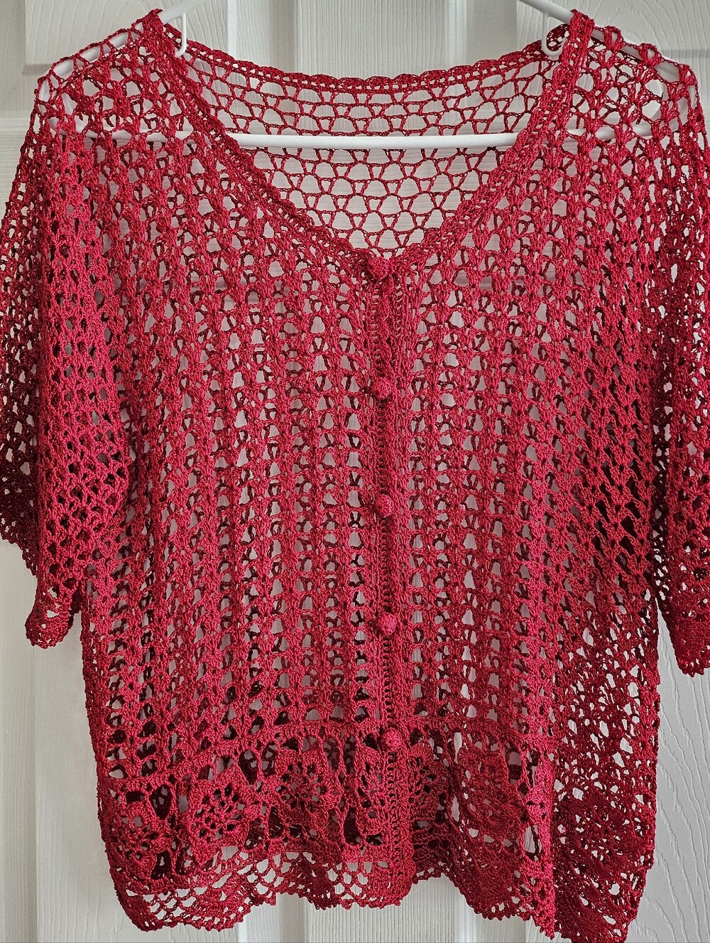 Crochet Cardigan sweater Red Short Sleeve Covered Buttons No Labels.